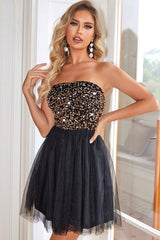 Sparkly Sequin Strapless Lace Up Fit & Flare Tulle Party Mini Dress