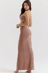 Sparkly Sequin Sweetheart Cutout Sleeveless Evening Maxi Dress - Nude