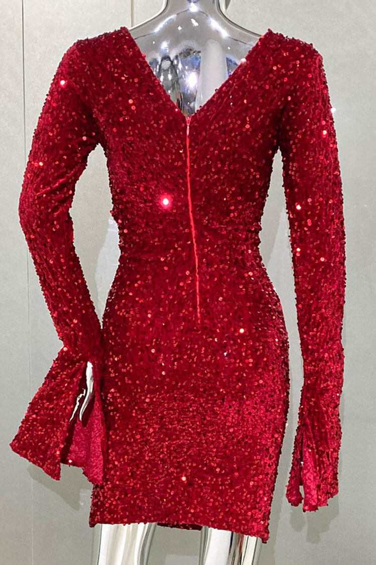 Sparkly Sequin Twist Cutout Long Sleeve Velvet Ruched Bodycon Party Mini Dress - Red