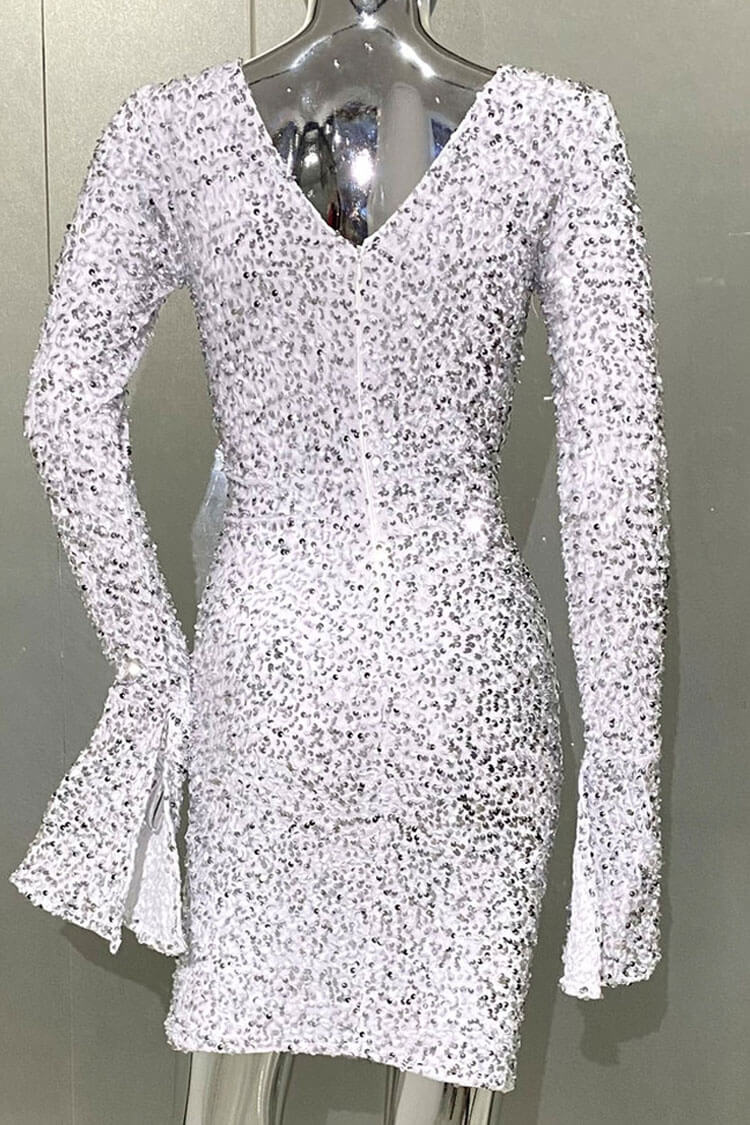 Sparkly Sequin Twist Cutout Long Sleeve Velvet Ruched Bodycon Party Mini Dress - White