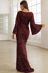 Sparkly Sequin V Neck Bell Sleeve Fishtail Evening Maxi Dress - Burgundy
