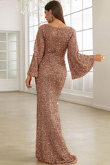 Sparkly Sequin V Neck Bell Sleeve Fishtail Evening Maxi Dress - Champagne