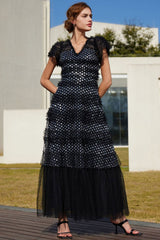 Sparkly Sequin V Neck Layered Ruffle Summer Tulle Evening Maxi Dress - Black