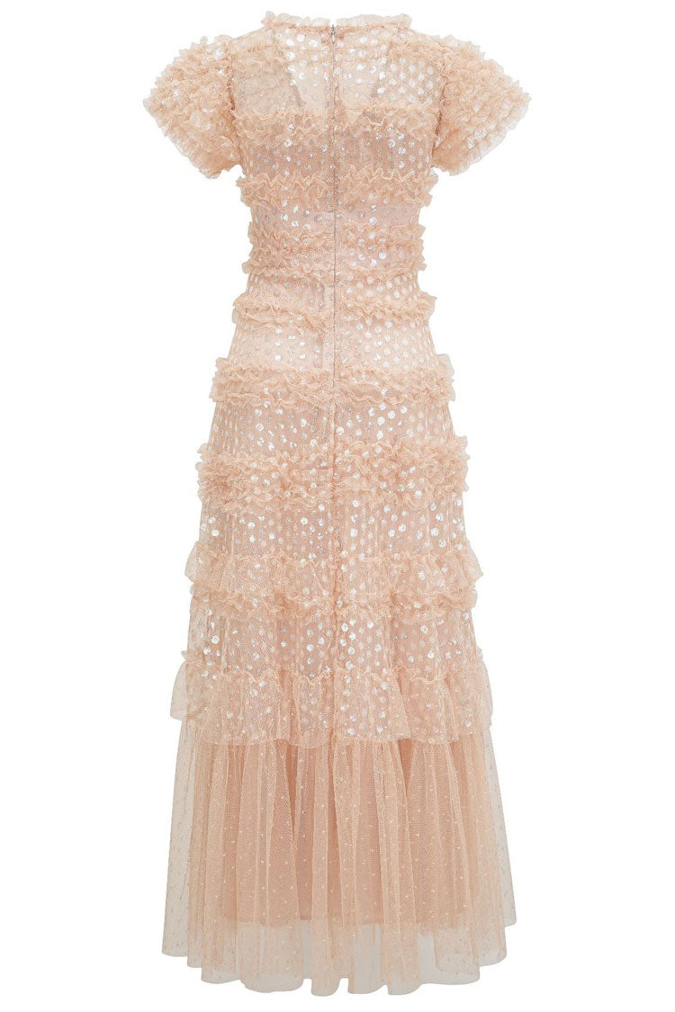 Sparkly Sequin V Neck Layered Ruffle Summer Tulle Evening Maxi Dress - Pink