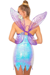 Sparkly Sequin Wing Trim Fairy Elf Halloween Party Mini Dress - Purple