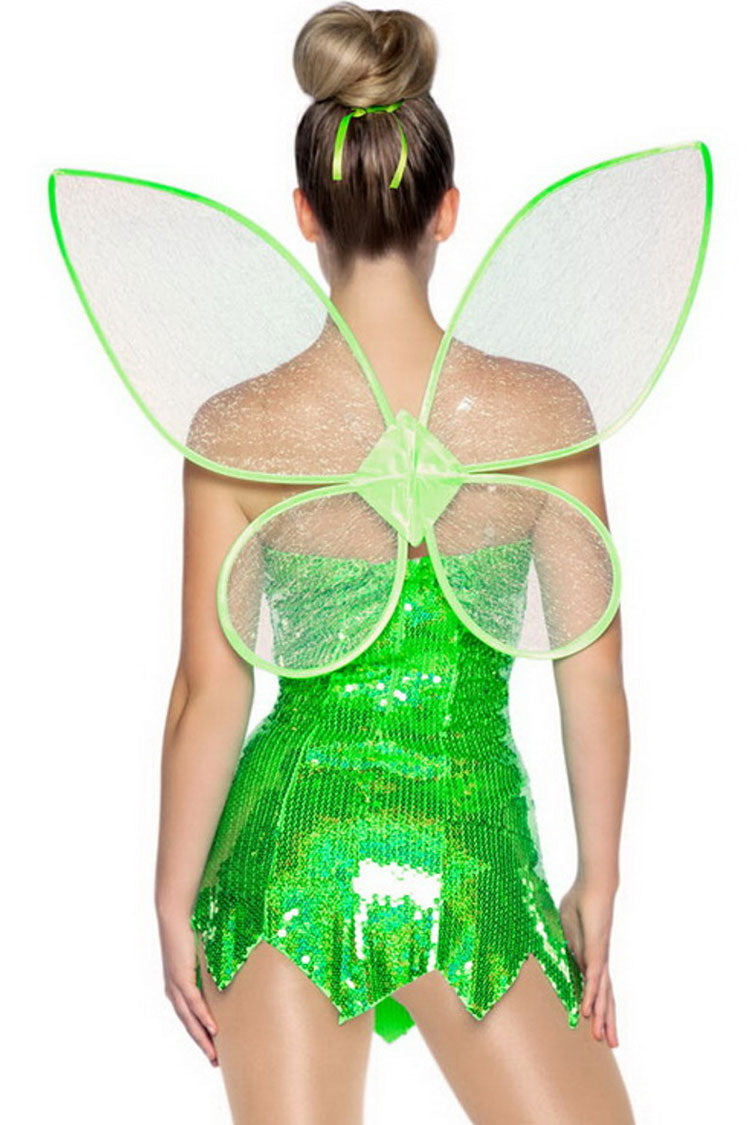 Sparkly Sequin Wing Trim Forest Fairy Elf Halloween Party Mini Dress - Green