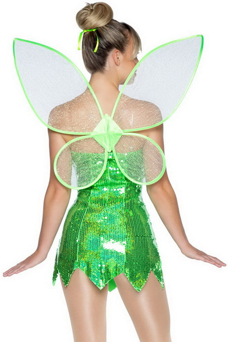 Sparkly Sequin Wing Trim Forest Fairy Elf Halloween Party Mini Dress - Green