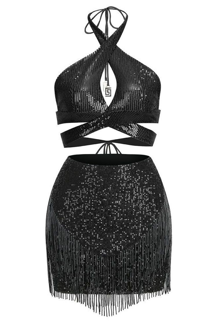 Sparkly Sequin Wrap Halter Top High Waist Fringe Mini Two Piece Dress - Black