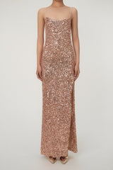 Sparkly Spaghetti Strap High Slit Sequin Maxi Dress - Bronze Gold