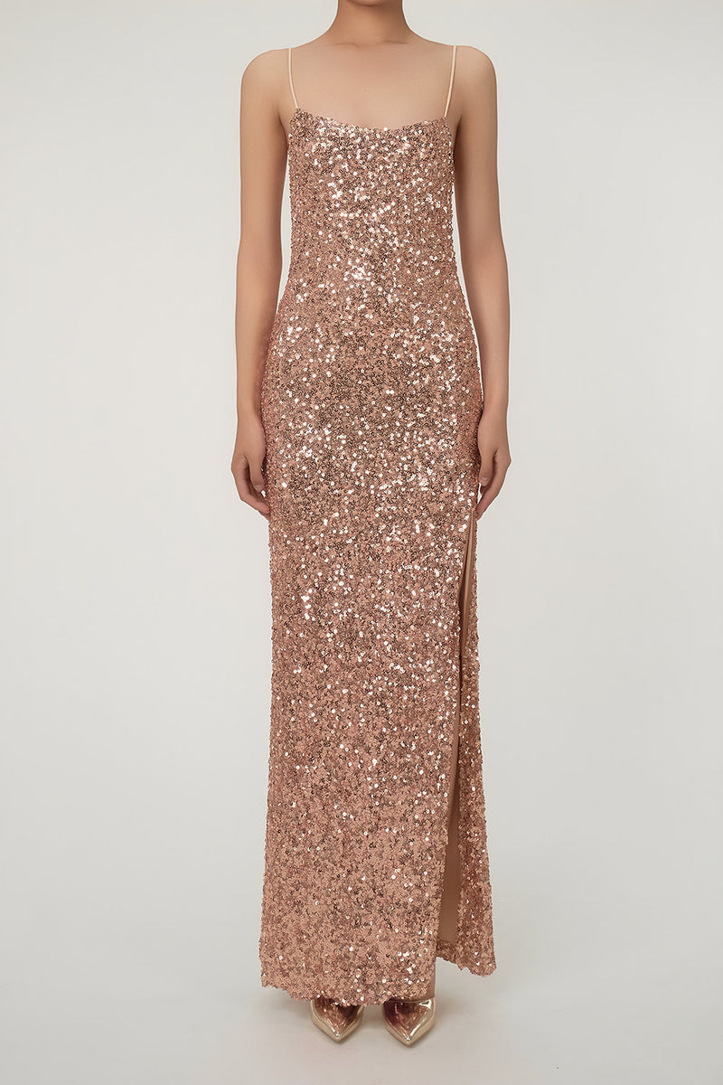 Sparkly Spaghetti Strap High Slit Sequin Maxi Dress - Bronze Gold