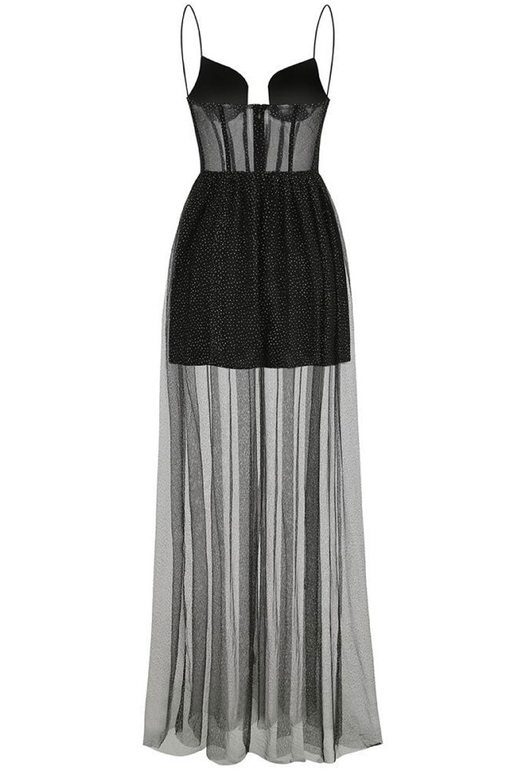 Sparkly Sweetheart Cami Sheer Tulle Corset Evening Maxi Dress - Black