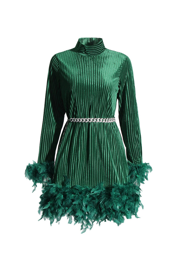 Sparkly Tennis Chain Striped Sheer Velvet Feather Trim Party Mini Dress