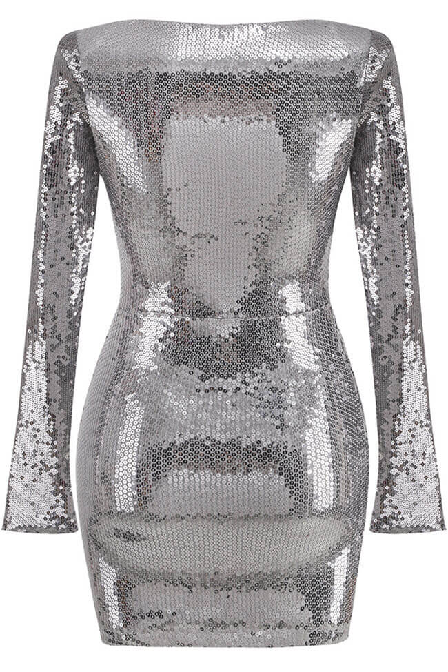 Sparkly Tie Neck Split Sleeve Bodycon Sequin Party Mini Dress - Black Gray