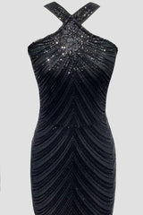 Sparkly V Neck Semi Sheer Sequin Mermaid Maxi Formal Dress - Black