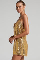 Sparkly V Neck Spaghetti Strap A Line Sequin Party Mini Dress - Gold