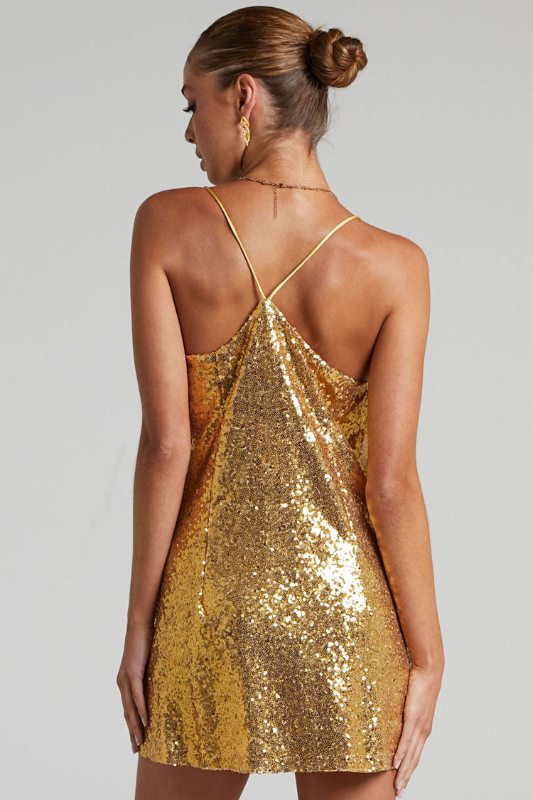 Sparkly V Neck Spaghetti Strap A Line Sequin Party Mini Dress - Gold