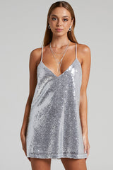 Sparkly V Neck Spaghetti Strap A Line Sequin Party Mini Dress - Silver