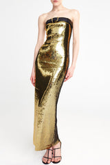 Sparkly Vegan Leather Belted Strapless Bicolor Metallic Sequin Evening Maxi Dress