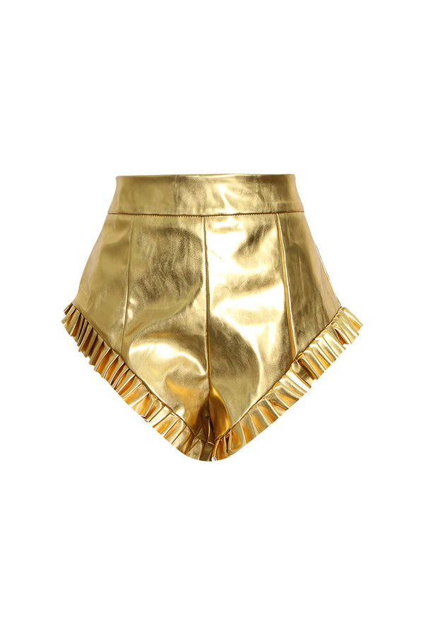 Spicy Metallic Effect High Waist Pleated Hem Flare Leg Leather Micro Shorts