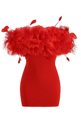 Striking Feather Trim Ruffle Off Shoulder Bodycon Bandage Party Mini Dress - Red