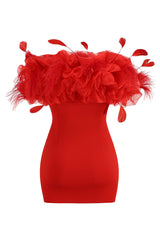 Striking Feather Trim Ruffle Off Shoulder Bodycon Bandage Party Mini Dress - Red