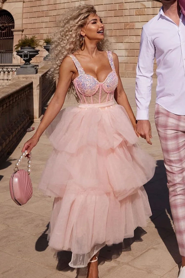 Stunning Off Shoulder Bustier Sheer Corset Layered Tulle Cocktail Midi Dress - Pink