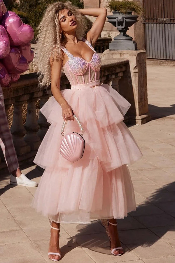 Stunning Off Shoulder Bustier Sheer Corset Layered Tulle Cocktail Midi Dress - Pink