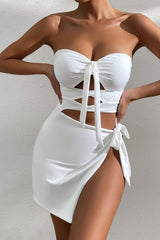 Stunning Sweetheart Bow Tie Cutout Thigh Split Tube Micro Mini Club Dress - White