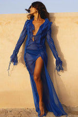 Stunning Tie Neck Long Sleeve Split Ruffle Sheer Chiffon Maxi Dress - Blue