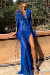 Stunning Tie Neck Long Sleeve Split Ruffle Sheer Chiffon Maxi Dress - Blue