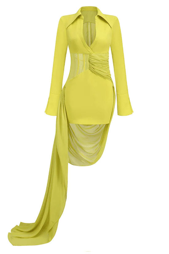 Stylish Big Collar Deep V Draped Mesh Corset Long Sleeve Mini Dress - Yellow