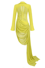 Stylish Big Collar Deep V Draped Mesh Corset Long Sleeve Mini Dress - Yellow