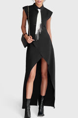Stylish Collared Fringe Tie Cap Sleeve Cut Out Front Split Maxi Shirt Dress