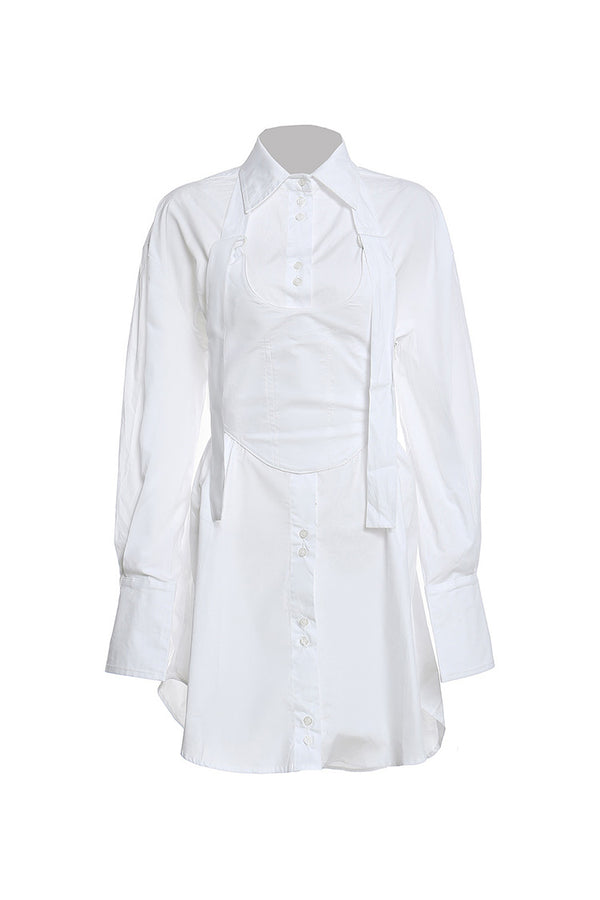 Stylish Halter Belted Collared Button Up Long Sleeve High Low Shirt Dress