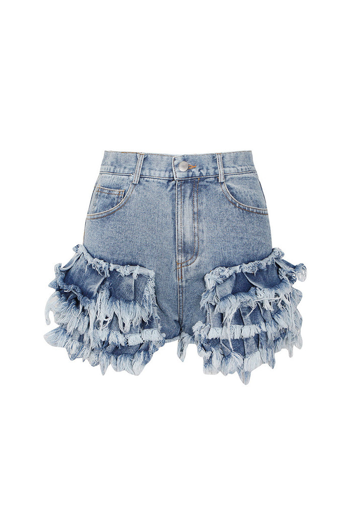 Stylish Layered Fray Pleated Ruffle High Waist Faded Denim Micro Short Rosedress