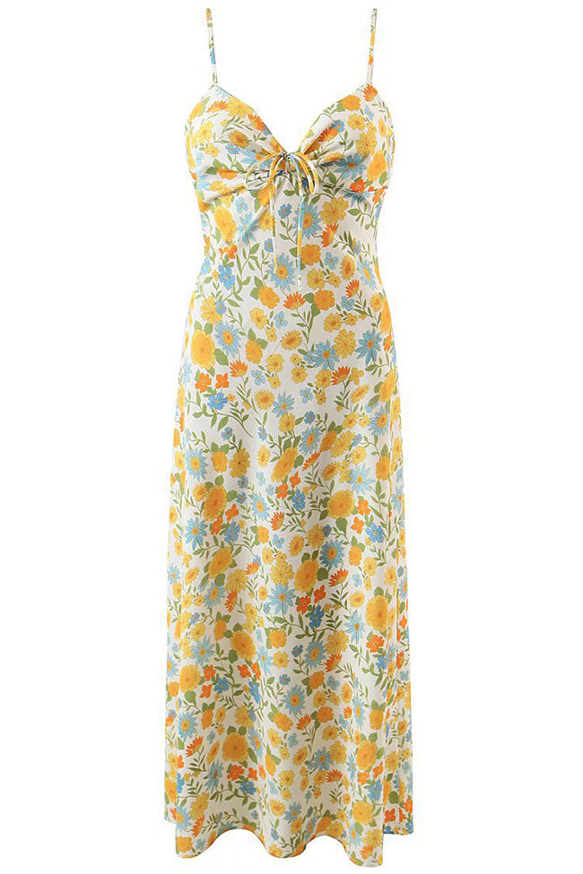 Summer Ruched Tie Front Floral Printed Sleeveless Slip Midi Sundress - Yellow