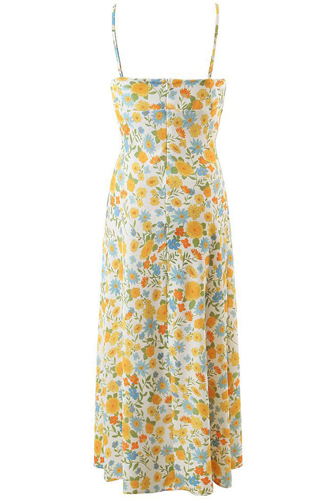 Summer Ruched Tie Front Floral Printed Sleeveless Slip Midi Sundress - Yellow