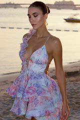 Sweet 3D Flower Plunge Lace Up Backless Ruffle Tiered Floral Mini Sundress