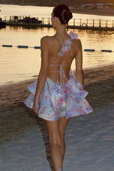 Sweet 3D Flower Plunge Lace Up Backless Ruffle Tiered Floral Mini Sundress