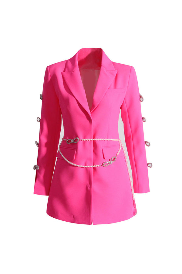 Sweet Faux Pearl Belted Cinched Waist Cutout Crystal Bow Party Blazer
