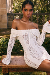 Sweet Foldover Off Shoulder Bow Tie Flared Sleeve Bodycon Lace Party Mini Dress