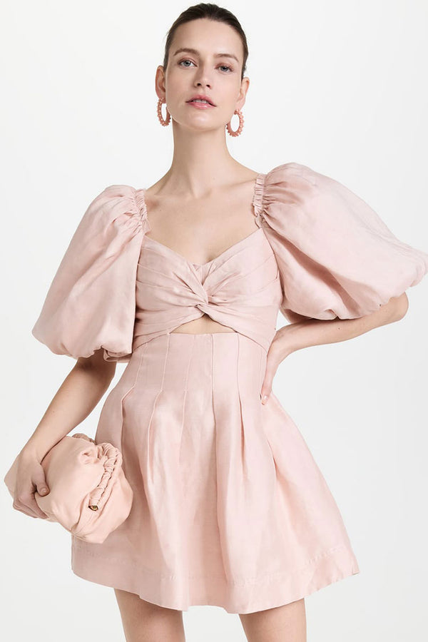 Sweet Ruched Knot Puff Sleeve Pleated Trim Cotton Blend Mini Dress - Pink