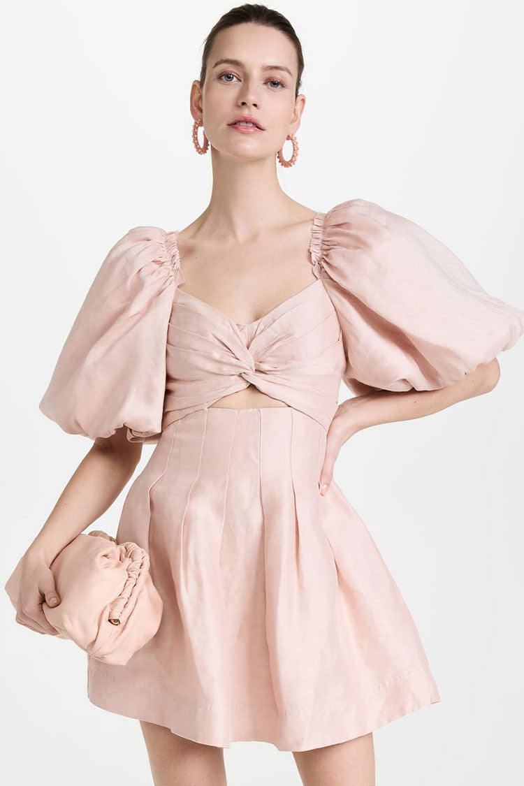 Sweet Ruched Knot Puff Sleeve Pleated Trim Cotton Blend Mini Dress - Pink