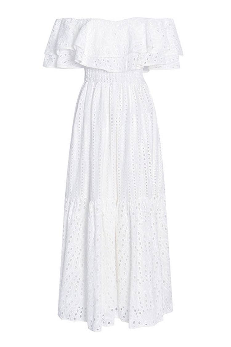 Swing Layered Ruffle Off Shoulder Broderie Anglaise Boho Chic Maxi Dress