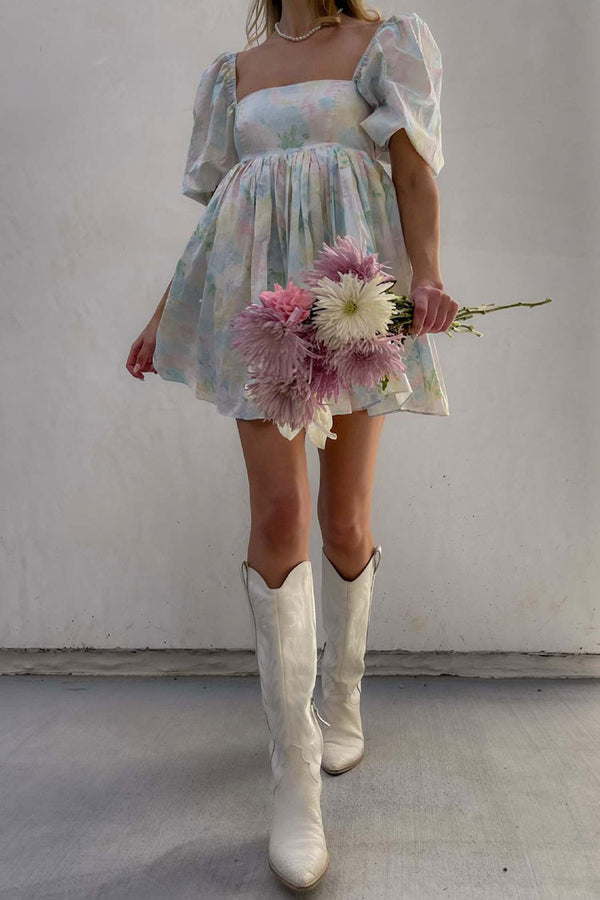 Swing Puff Sleeve Floral Print Babydoll Summer Party Mini Dress