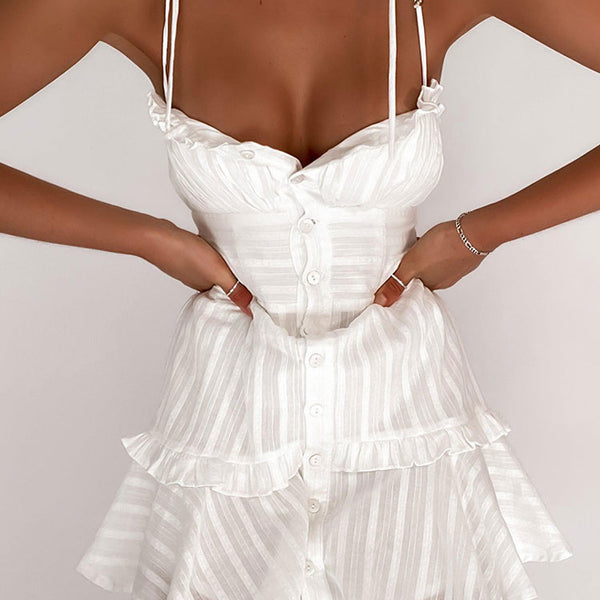 Swing Ruffled Neck Button Up Tie Shoulder Summer Striped
