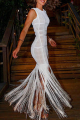 Swingy Fringe Round Neck Sheer Tulle Bandage Sleeveless Maxi Dress - White