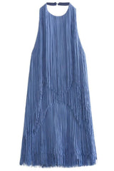 Swingy Halter Neck Open Back Layered Fringe Flapper Mini Dress - Dusty Blue