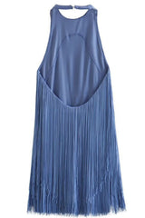 Swingy Halter Neck Open Back Layered Fringe Flapper Mini Dress - Dusty Blue