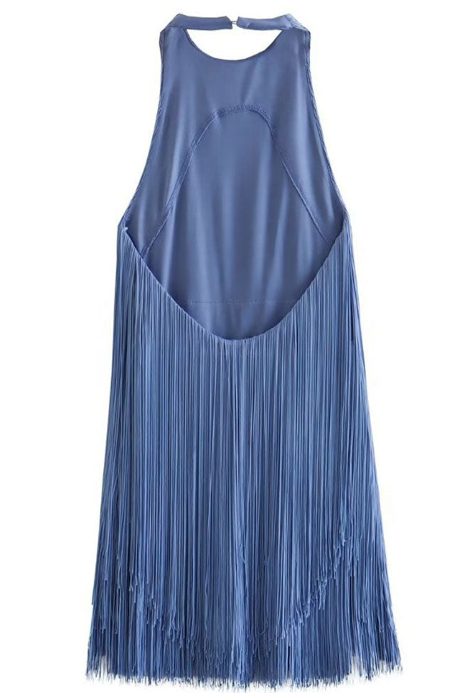 Swingy Halter Neck Open Back Layered Fringe Flapper Mini Dress - Dusty Blue